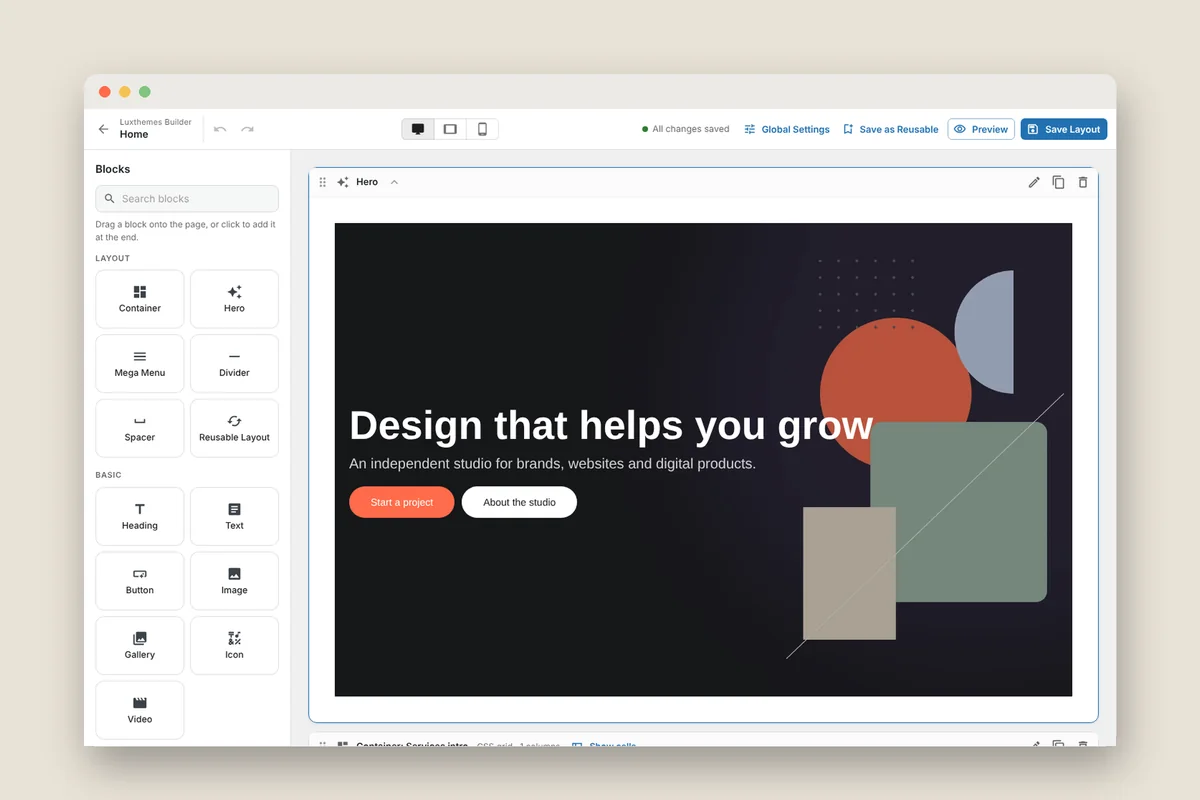 The Luxthemes Builder editing a page