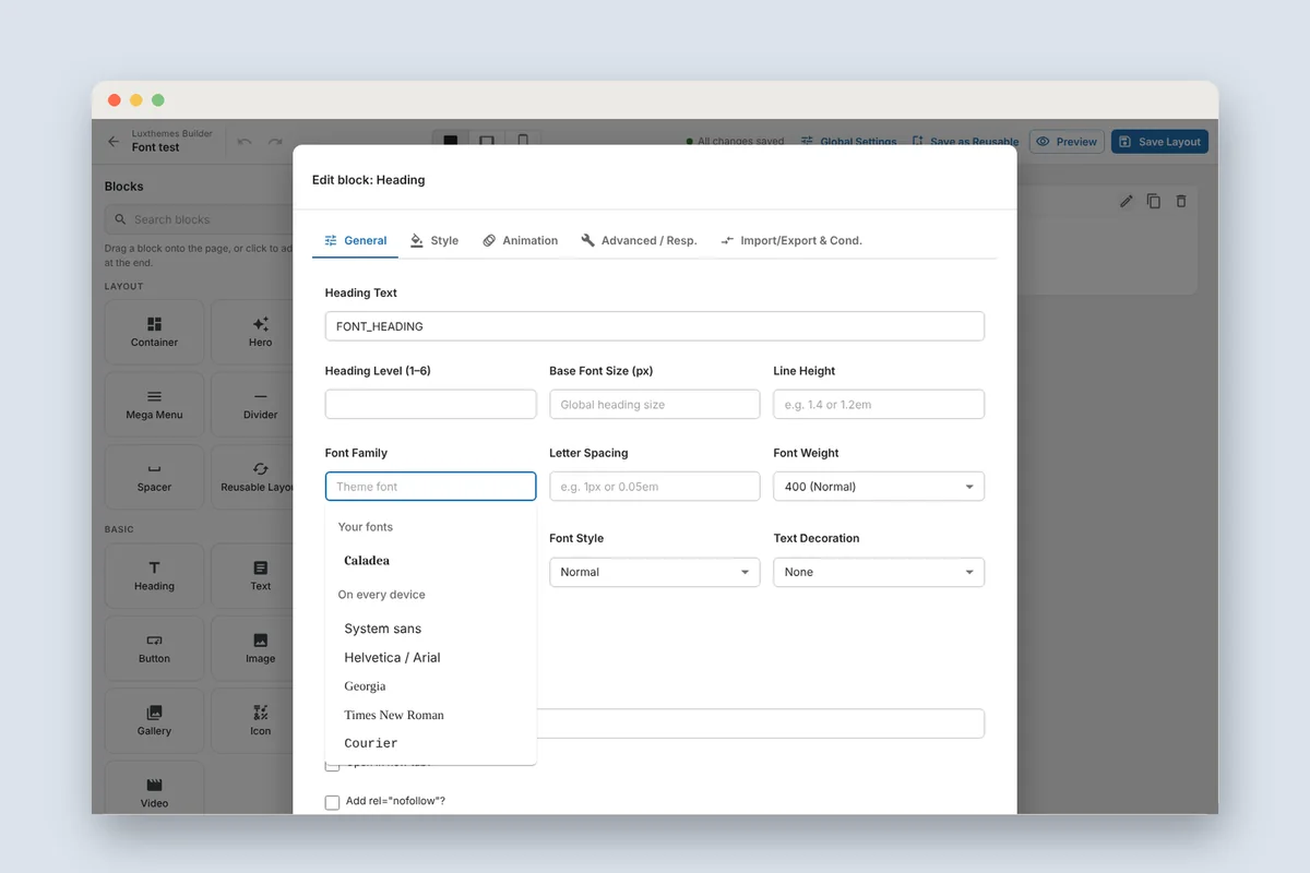 Editing a heading in the builder